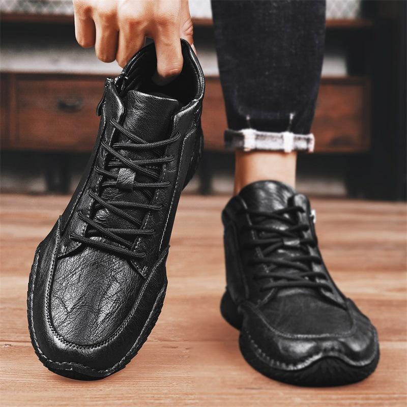Winter New Trendy Genuine Leather Casual High-Top Leather Shoes Spring and Autumn Cowhide Men's Cotton-Padded Shoes with Velvet