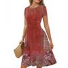 Women's Casual Fashion Round Neck Pleated Short Sleeve Retro Floral A-Line Midi Dress