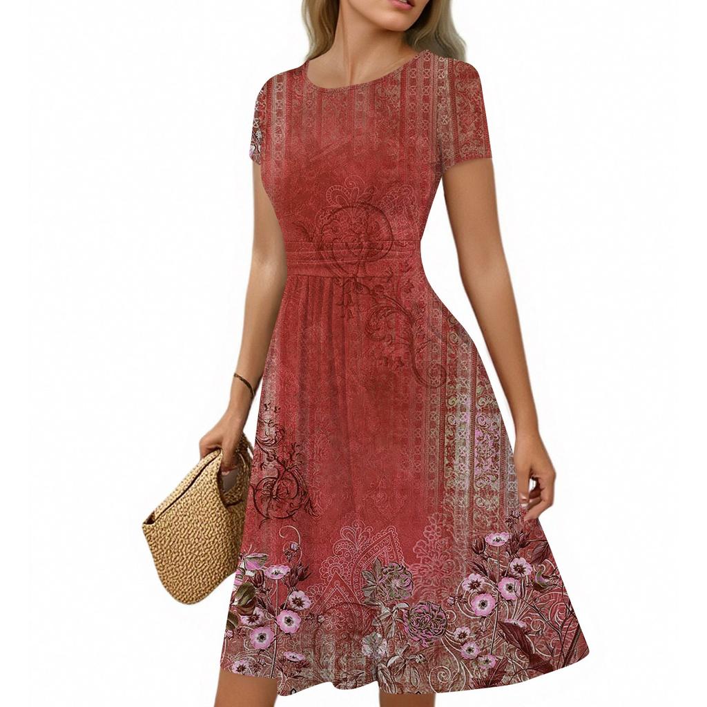 Women's Casual Fashion Round Neck Pleated Short Sleeve Retro Floral A-Line Midi Dress