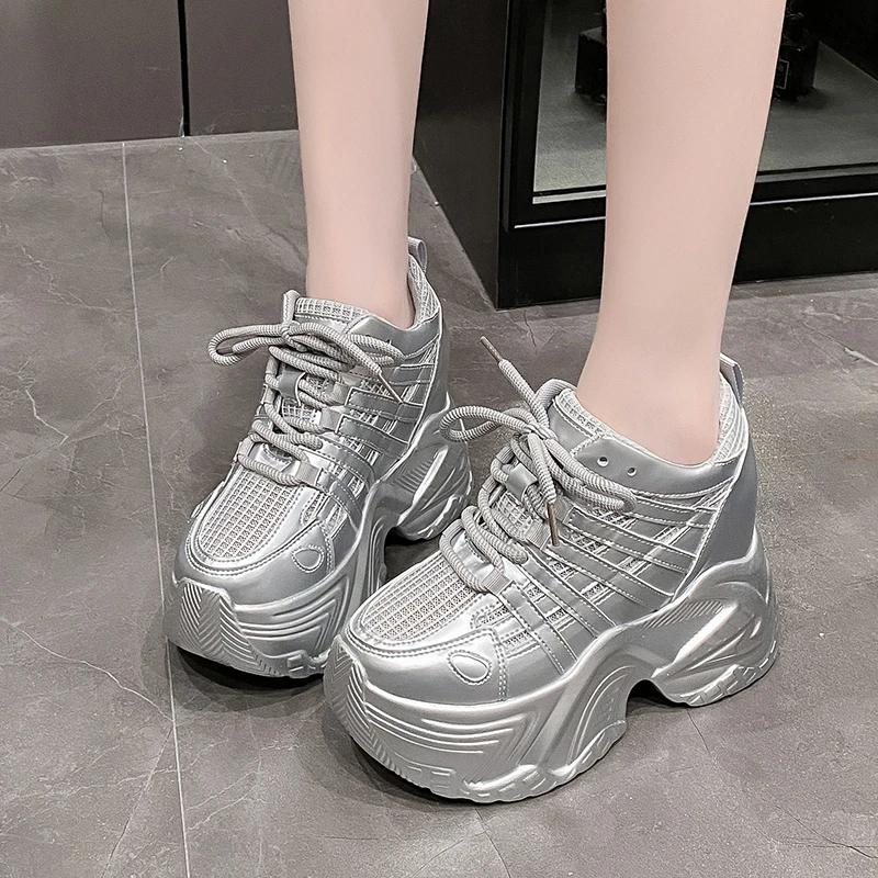 Fashion 10CM Height Increasing Summer Shoes for Women Fashion Breathable Outdoor Walking Dad Shoes Pearl Leisure Leather Sports Sneakers