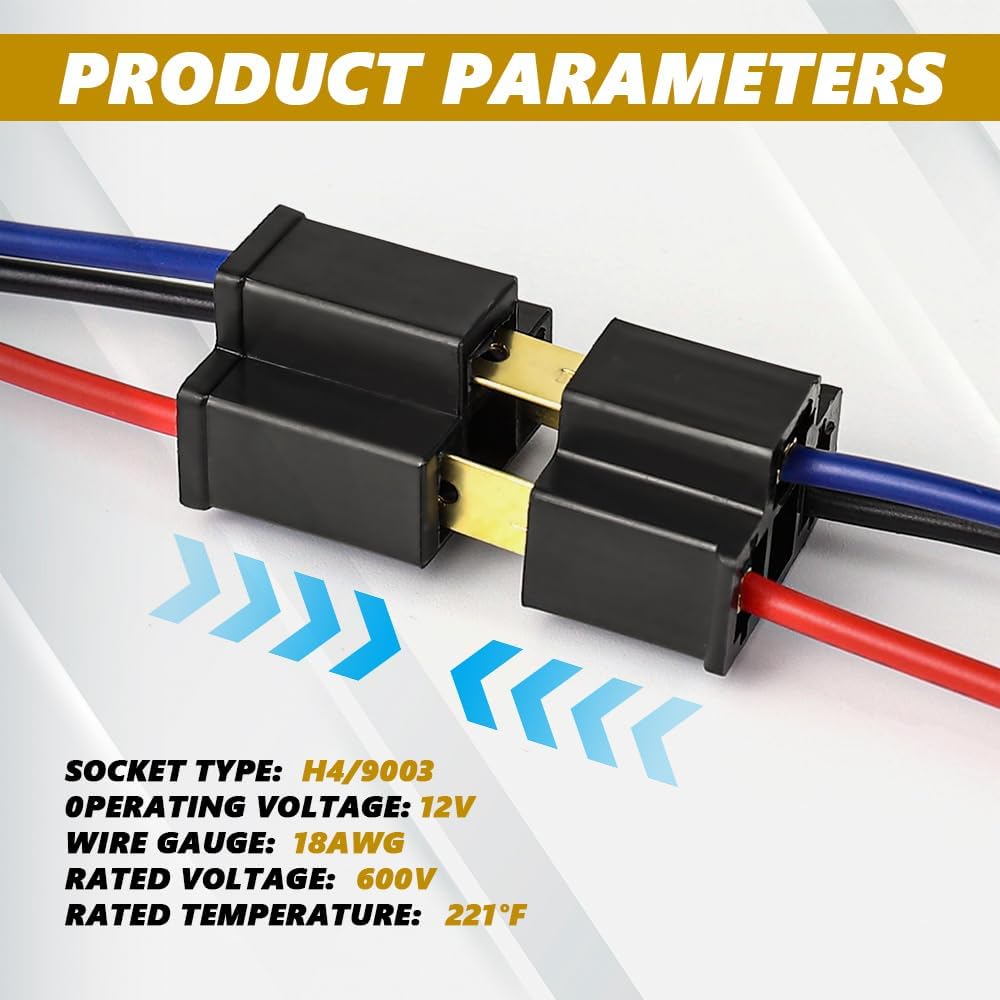 2PCS H4 Headlight Wire Socket Connector, 3 Way Male/Female Headlight Power Plug with Wiring Harness, Universal Headlight Pigtail Connector