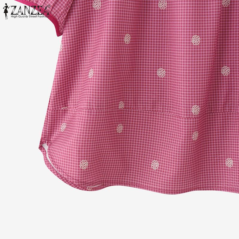 ZANZEA Women Summer Grid Print Casual Round Neck Short Sleeve Blouse