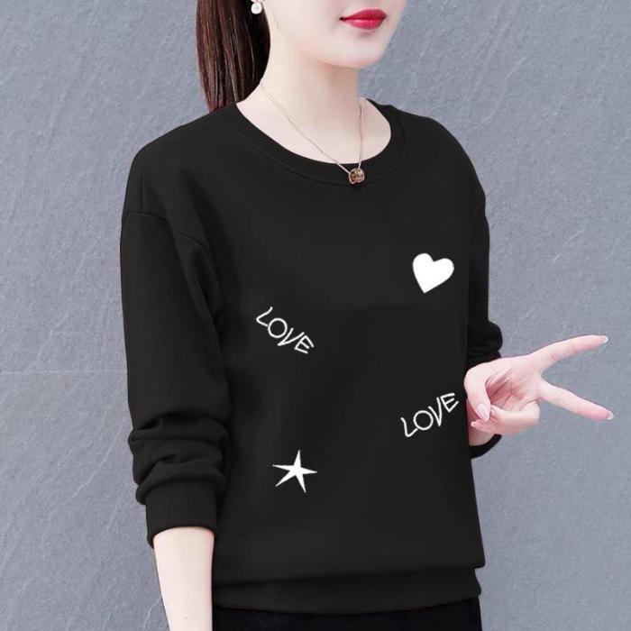 Korean Style Women's Plus Size Sweatshirt, 2023 Loose Fit, Printed Long Sleeve Round Neck Top, Slimming Mom's Clothing.