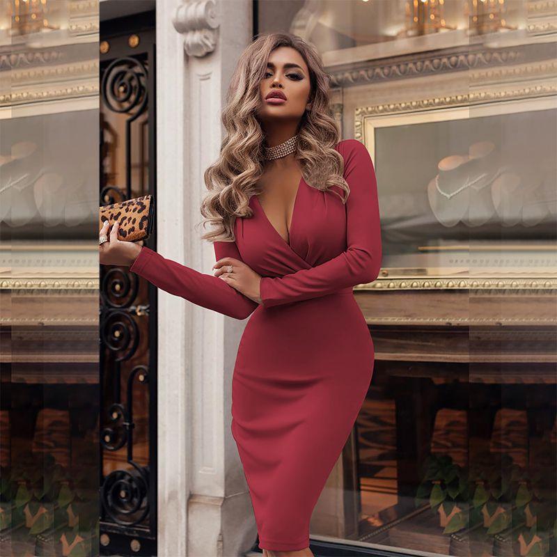 Neck Women V Long Sleeve Bodycon Sexy Dress Ladies Casual Evening Clubwear Party