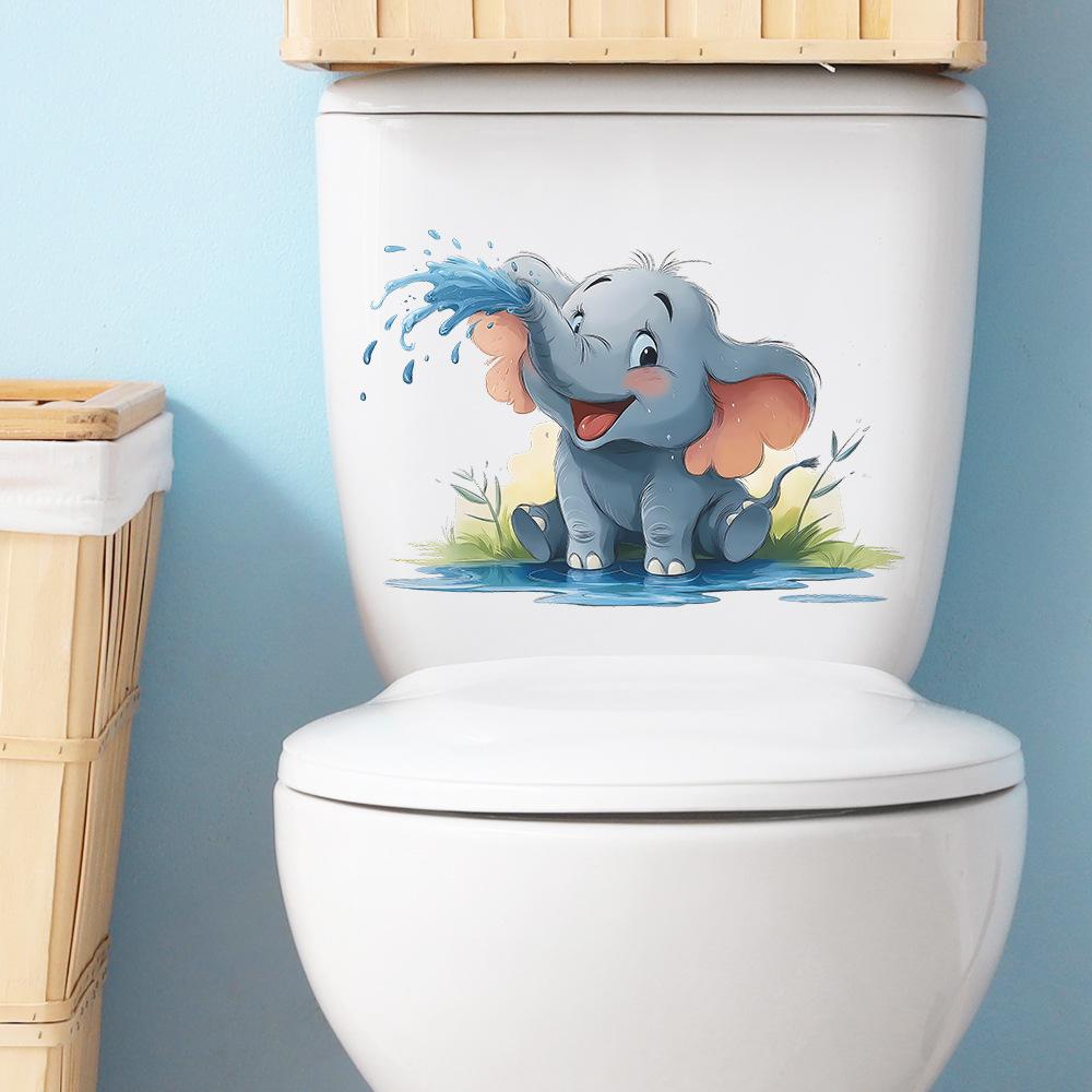 Cartoon Baby Elephant Splashing Water Wall Sticker for Bathroom Home Decor Self-Adhesive Removable Decal
