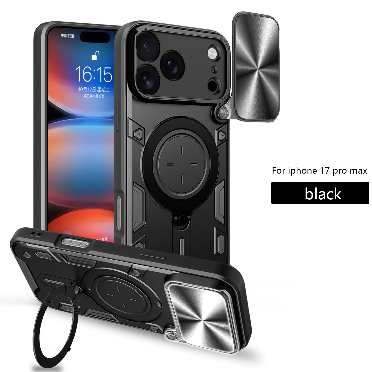 

Fashion Ring Stand Lens protection Case For iPhone 17 Pro Max ,Luxury Hybird Armor Shockproof Hard Phone Back Cover Protector Skins Shell For iPhone 17 Pro Max чёрный