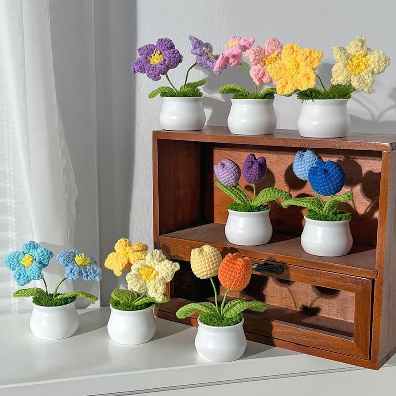 Artificial Flowers Potted Crochet Flower Ornament Desk Accessories Room Decoration Home Decor Holiday Gifts