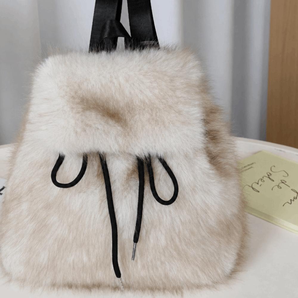 Drawstring Mini Daypack Adjustable Closure Plush Knapsack Y2k Fashion Faux Fur Backpack Travel
