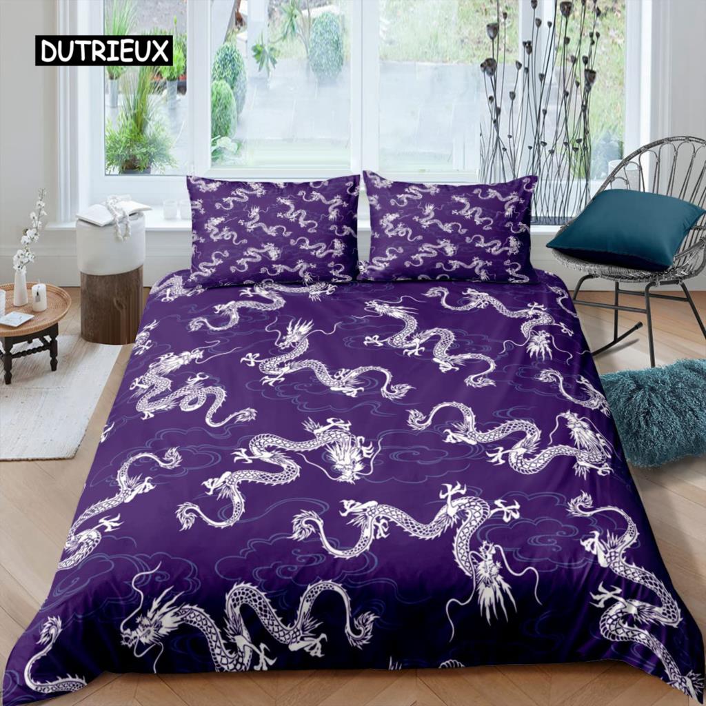 Fire Dragon Duvet Cover Set Magical Dinosaur Bedding Set Jungle Animals Pattern Wildlife Style King Size Polyester Quilt Cover