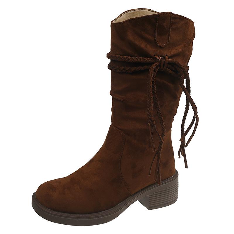 Internet Celebrities with the Same Thick Bottom Square and Retro Wasteland Fashion Boots Women's Autumn and Summer Thin Western Cowboy Long Tube Singl