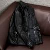 Genuine Sheepskin Leather Jacket Men Slim Fit Vintage Biker Coat Retro Collar