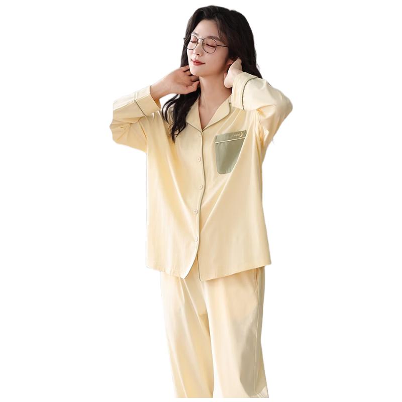 XUEXIMAN Women's Pajamas, 100% Pure Cotton, Comfortable Classic Lapel Cardigan Two-Piece Set, Casual Wearable Sleepwear Outfit