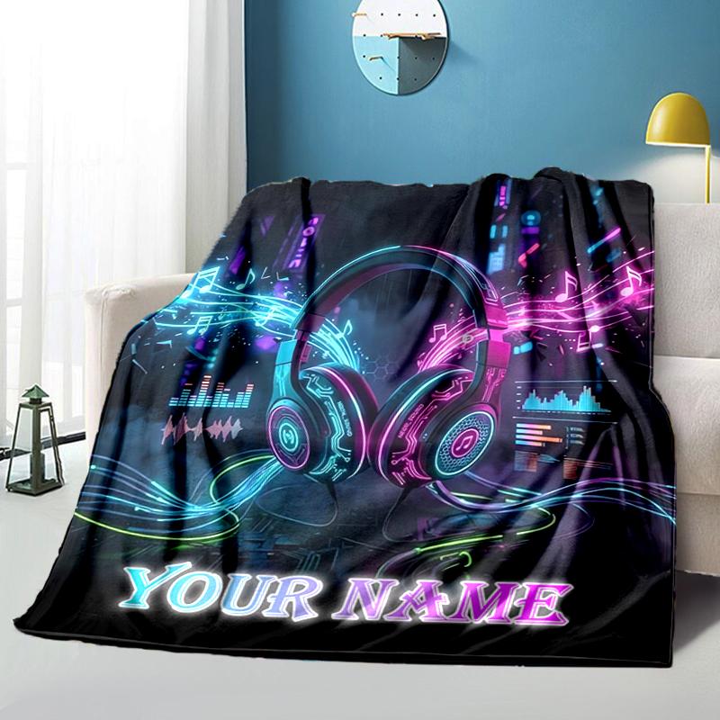 1PC Custom Name Neon Headphones Vibes Flannel Blanket Versatile,all-season Throw Suitable for the Living Room,bedroom,camping,travel,and Gift