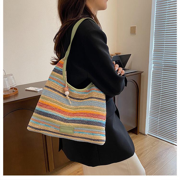 Summer New Straw Handbag Bag Striped Contrasting Color Fashionable Large-capacity Shoulder Portable Tote Bag