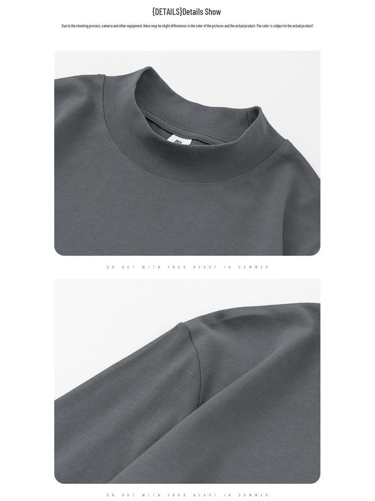 Men's Long Sleeve Cotton T-Shirt, Semi-High Neck, Solid Color Base Layer for Autumn/Winter