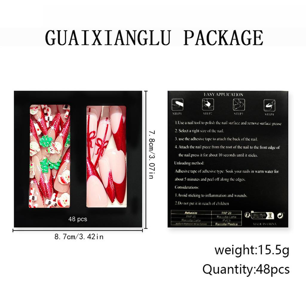 Elegant French Tip Glitters Press On Nail 48PCS Set Long Coffin Shape Snowman Christmas Theme Artificial Nail For Gift