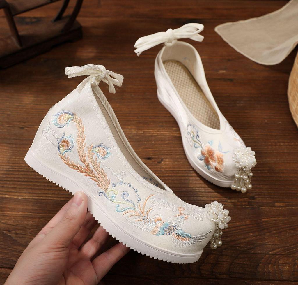 Xiuhua Women's Pearl Tassel High Heels - Ancient Style Pointed Toe Wedding Shoes for Bride, Hanfu Toasting Shoes