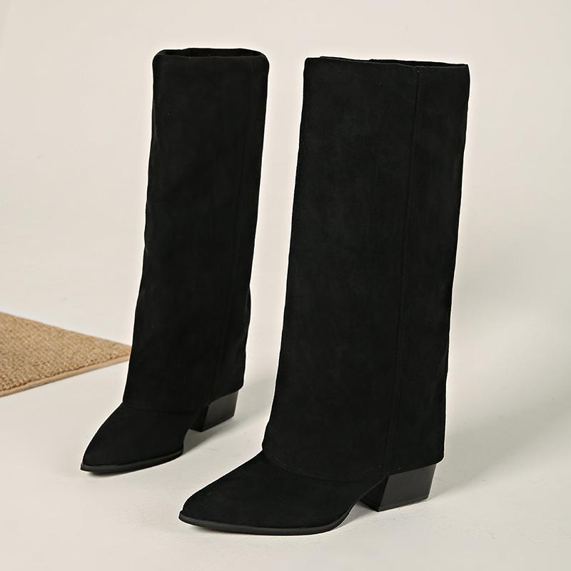 Fashion Block Heel Tall Boots Women's Fashion Pointed Toe Sleeve Suede Non-Slip Wear-Resistant High Heels