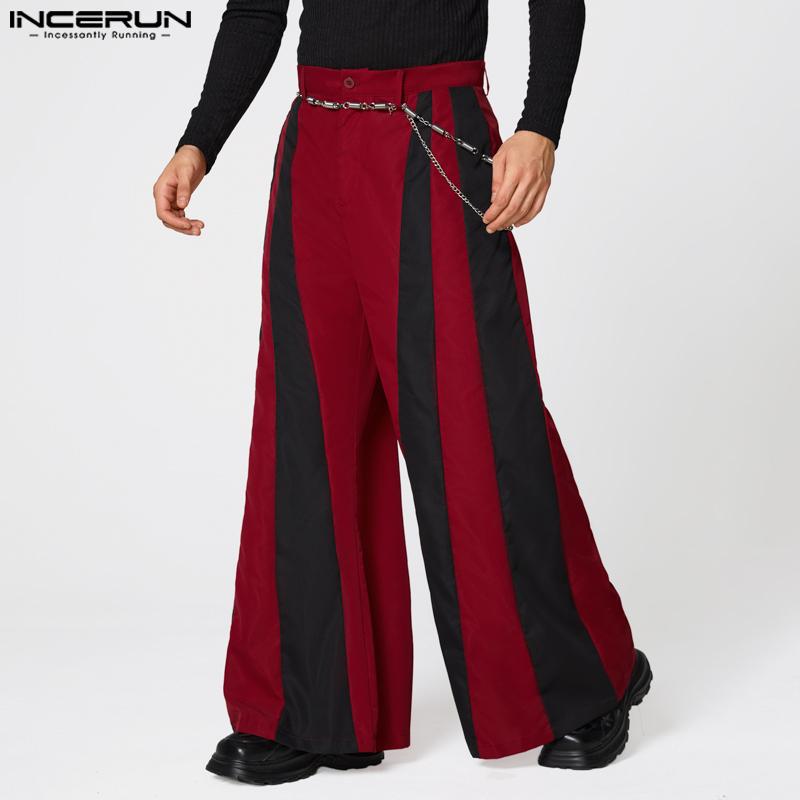 INCERUN Men's High Zipper Waist Striped Patchwork Casual Long Flare Pants Trousers
