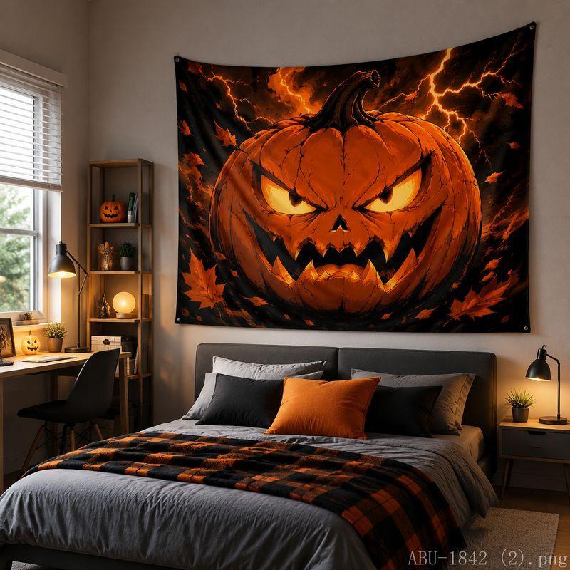 Halloween Tapestry Pumpkin Maple Leaf Lightning Moon Print Bedroom Living Room Holiday Party Wall Hanging Backdrop Decor Cloth