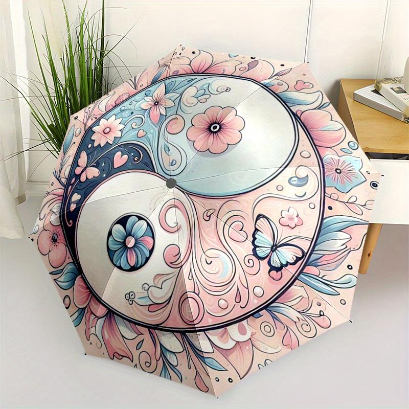 

1pc Pink Yin Yang Flower Pattern Beautiful Looking Automatic Folding Umbrella, 3 Folding, 8 Pole Frame Design, Durable and Suitable for Travel an