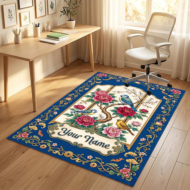 Floral Birds Artwork Theme Soft Crystal Velvet Rug Custom Name & Text Print Non Slip Floor Rug for Bedroom Living Room