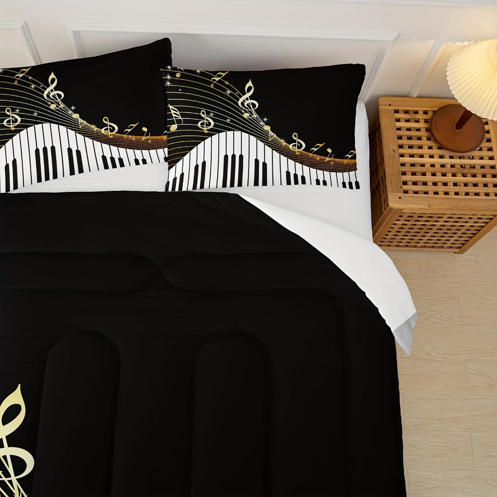 3pcs Black Bedding Set Piano Keys Music Note Print Cozy Duvet Cover King Queen Twin Size Birthday Gift for Adult Bedroom Decor