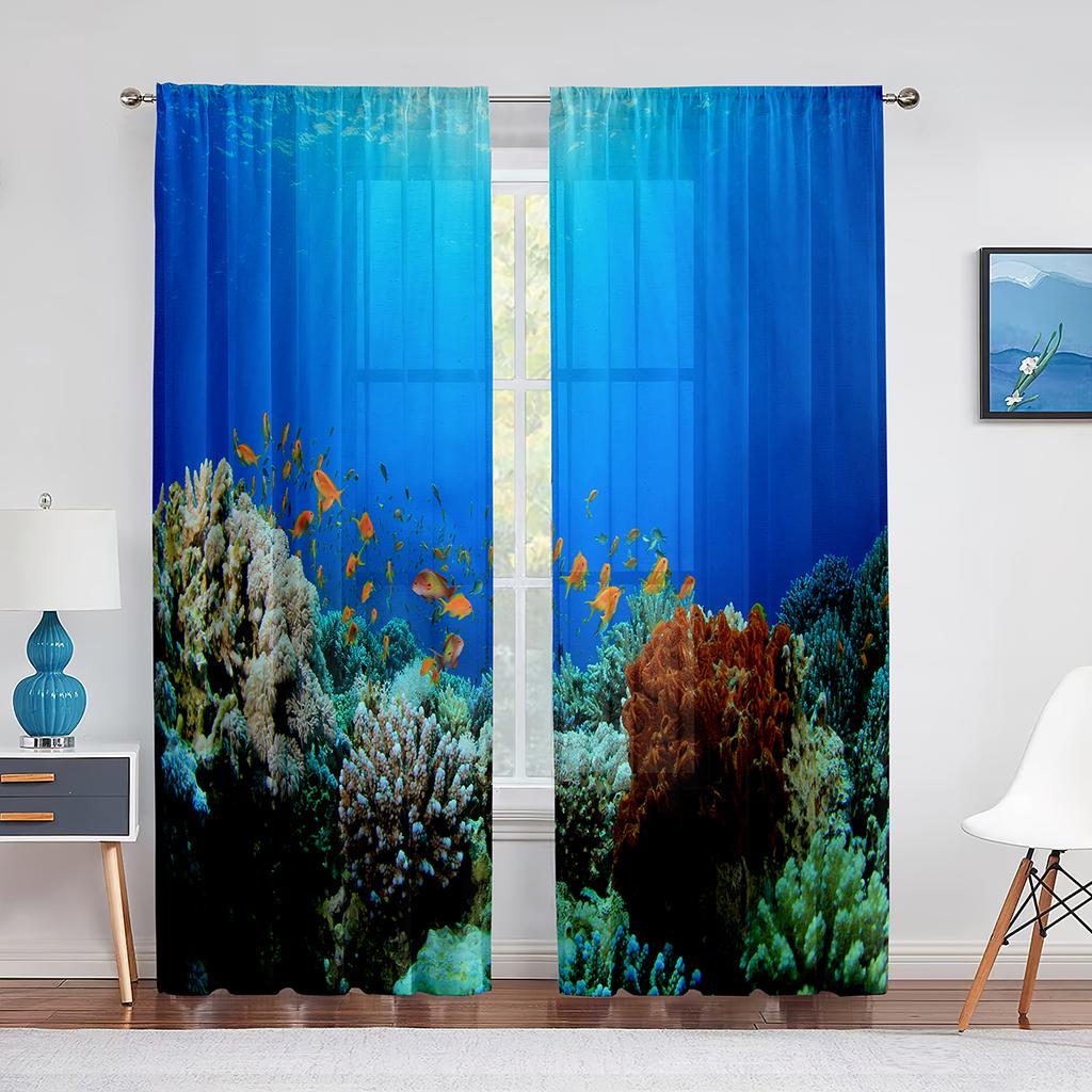 Ocean Underwater World Tulle Voile Curtains Tropical Fishes Shark Coral In The Deep Sea Sheer Curtain for Living Room Bedroom