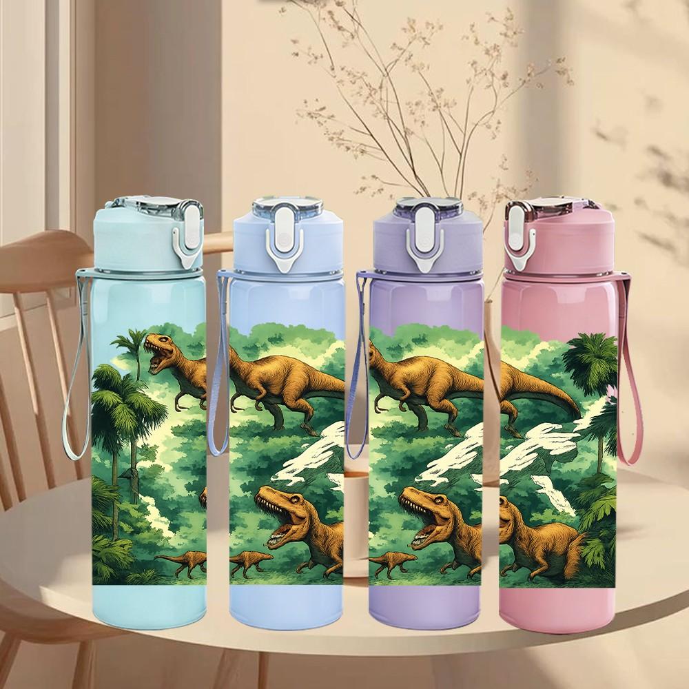 1PC Jungle Dinosaur Group Print 750ml Color Plastic Sports Water Bottle Leakproof Flip Straw Lid Suitable for Sports Office Home Use