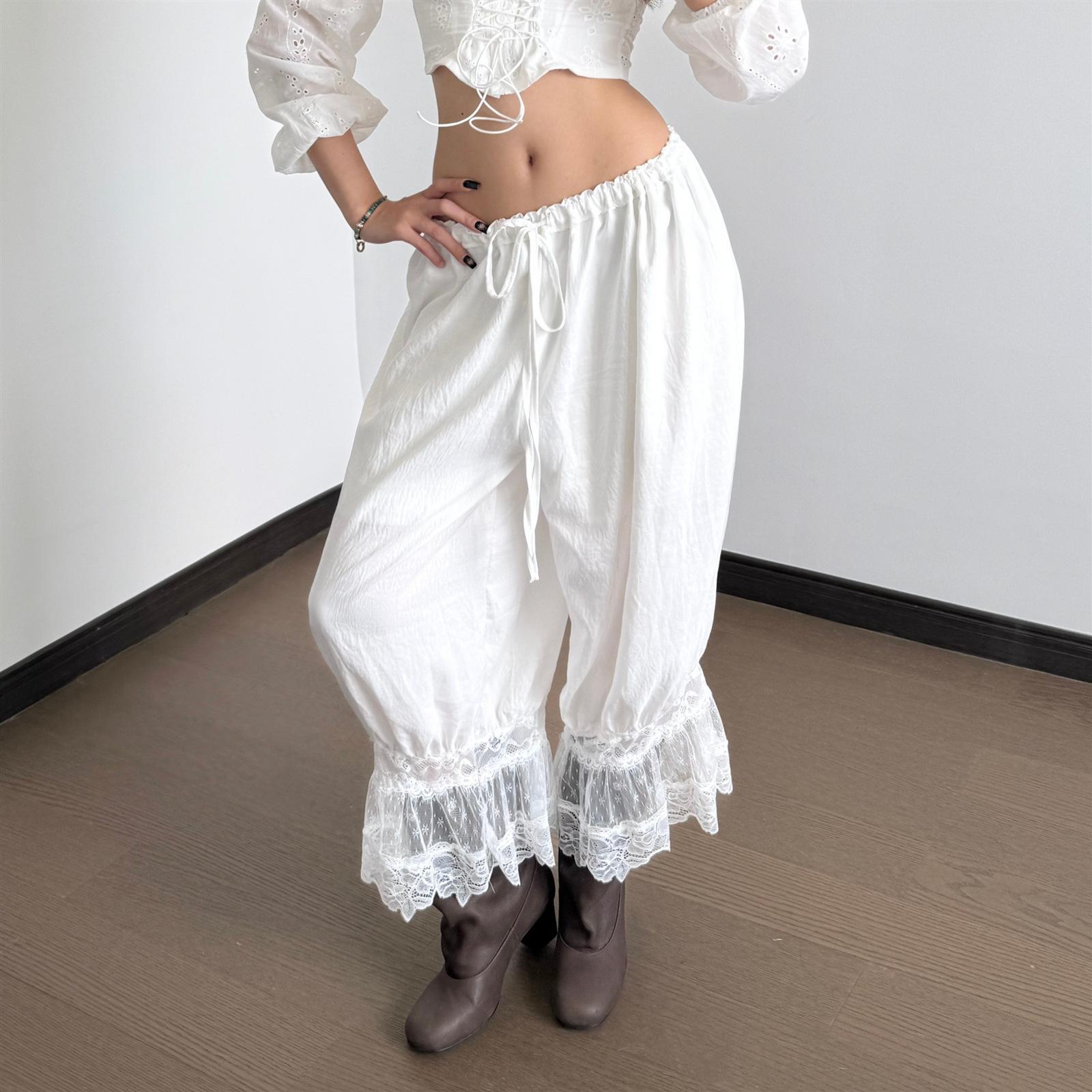 

White Lace Trim Bloomers Pants Elastic Waist Drawstring Casual Loose Lantern Trousers for Women S білий