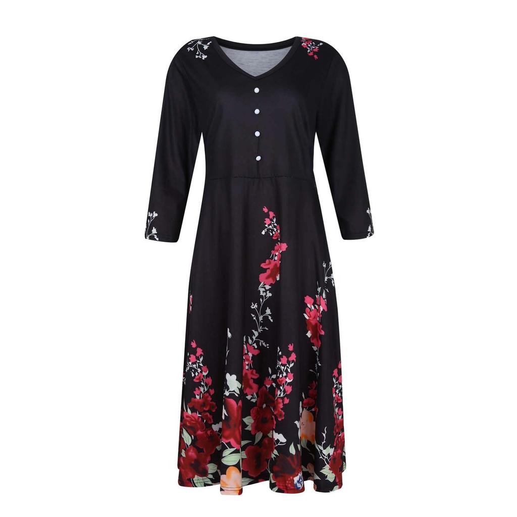 Rochie leagăn elegantă cu mâneci trei sferturi, cu nasturi imprimați, la modă pentru femei