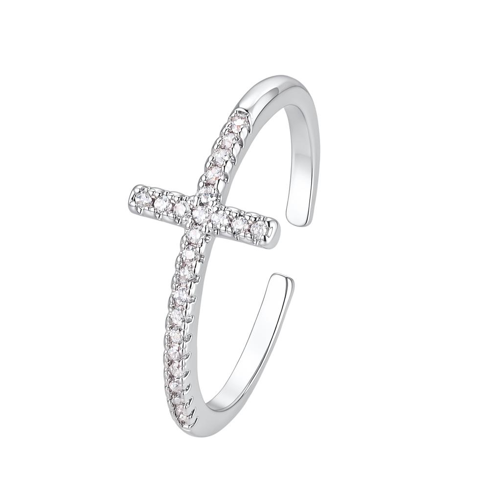 Cross Ring for Women 14k Gold Plated Sideway Cross Adjustable Open Ring Cubic Zirconia Jewelry