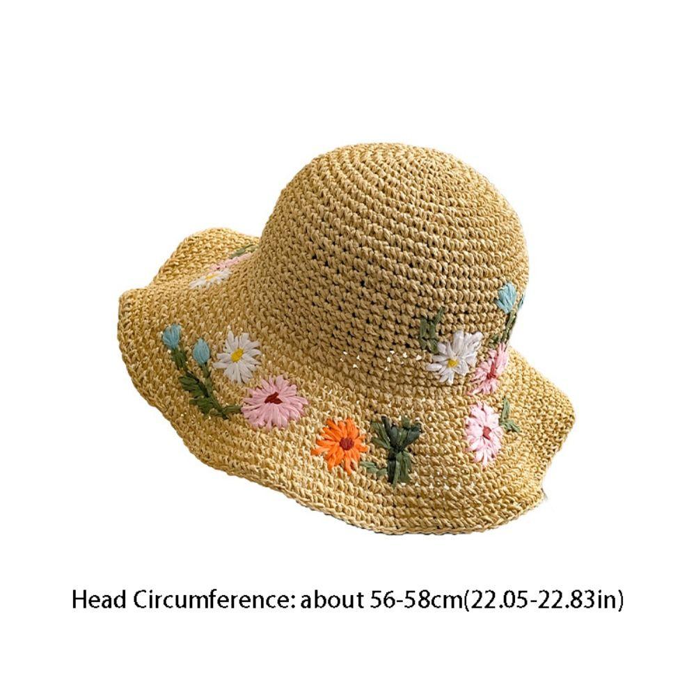 Fashion Colorful Flower Straw Hat Boho Embroidered Flower Weave Hat Korean Style Hollow Out UV Protection Cap Holiday