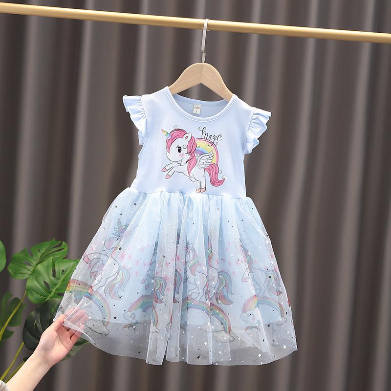 Robe Princesse Fille Été Licorne Imprimée Coton Manches Courtes Tulle