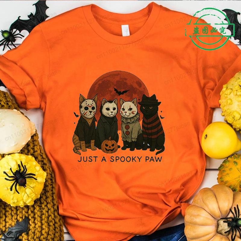 Women Cat Horror Graphic Print T-shirt for Women Girl Short Sleeve Crew Neck Casual Top Just A Spooky Paw Women's Tee Clothing