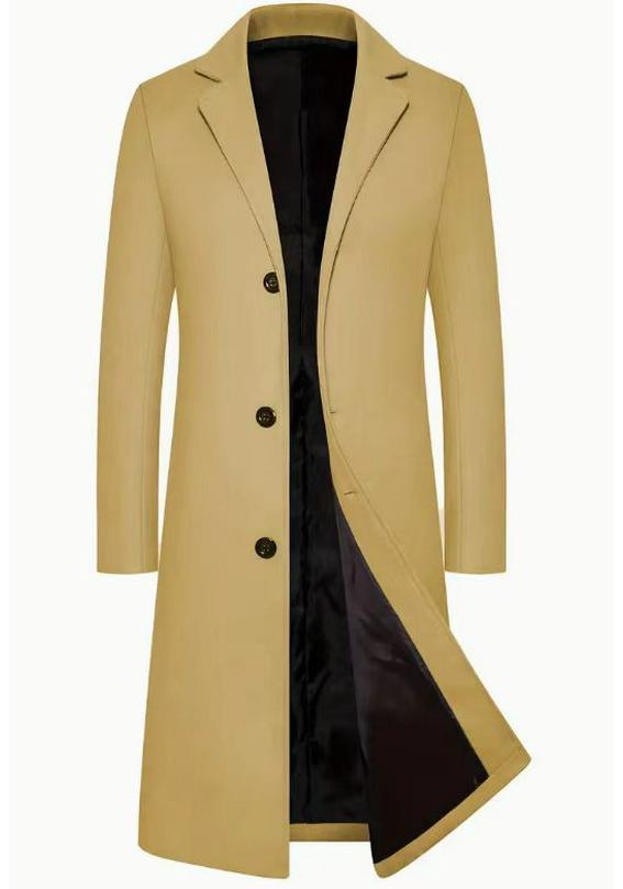 2025 Men's Wool Trench Coat - British Classic, Business Casual, Available in European and American Sizes, Elegant Long Over-the-Knee Design