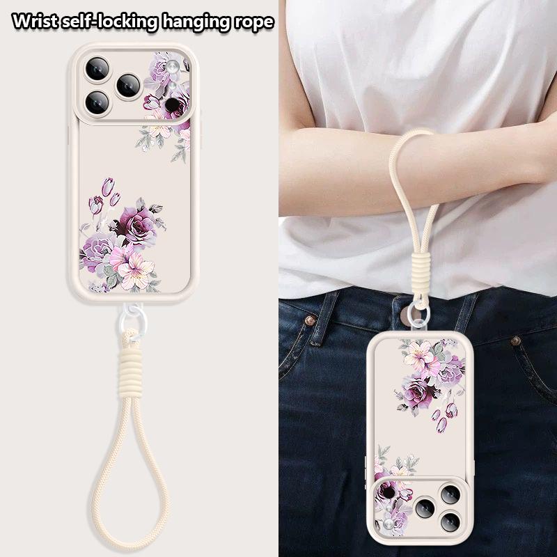 Flower Floral Patterned Soft Lanyard Case For iPhone 17 Pro Max 16 14 15 17 Pro 12 13 Pro Max Air 16e 11 Wrist Strap Phone Cover
