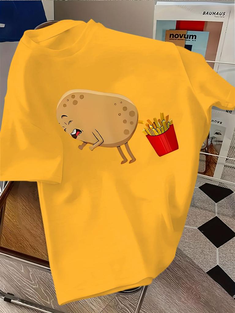 Unisexs Cream Crew Neck Tee Funny Cartoon Potato French Fries Humor Graphic Loose Summer Casual Street Short Sleeve Daily Soft Top
