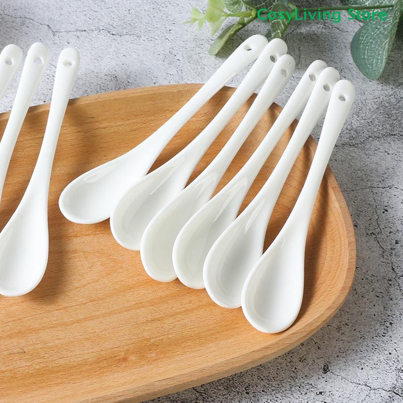 5PCS Mini Ceramic Tea Coffee Sugar Dessert Spoon Porcelain Spoons Kitchen Pure White Flatware