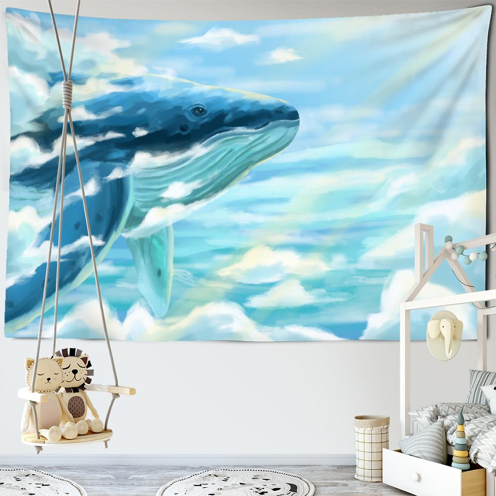 Japanese Whale Illustration Tapestry Wall Hanging Girl Sea Dragon Fish Bohemian Hippie Kawaii Carpet Children's Room Decor