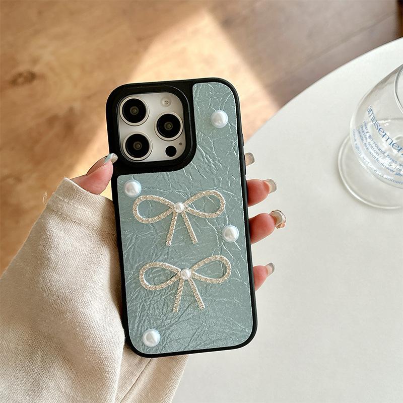 Pearl Bow Phone Case for Apple 17promax Leather Texture High Quality for IPhone16pro Protective Case