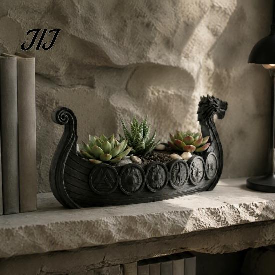 Resin Decorative Plant Pot Viking Longship Planter Pot, Dragon Boat Indoor Holder for Cacti Creative Air Plants, Rustic Nordic Ship Container