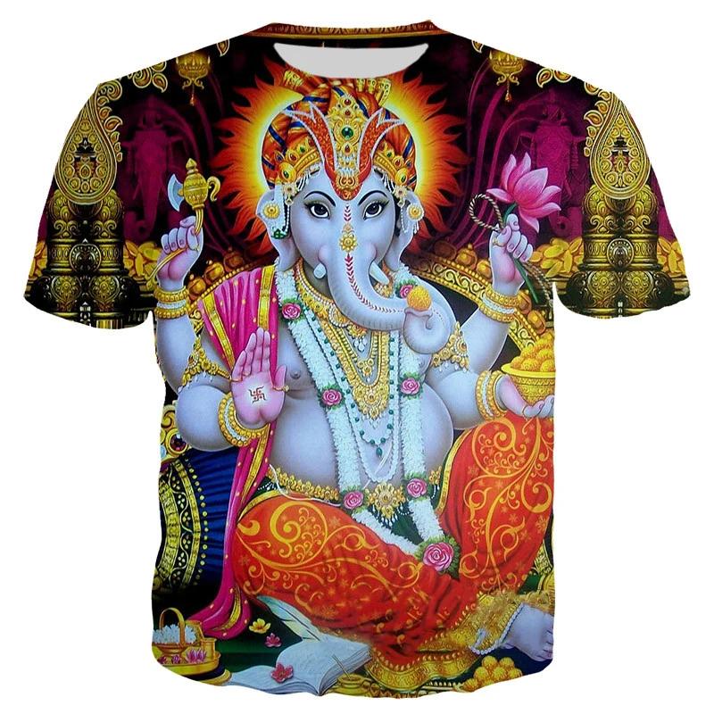 Summer Round Neck 3D Hindu Deities Graphic Print Top Fashionable Casual Short Sleeved Men's and Women's Unisex T-shirts