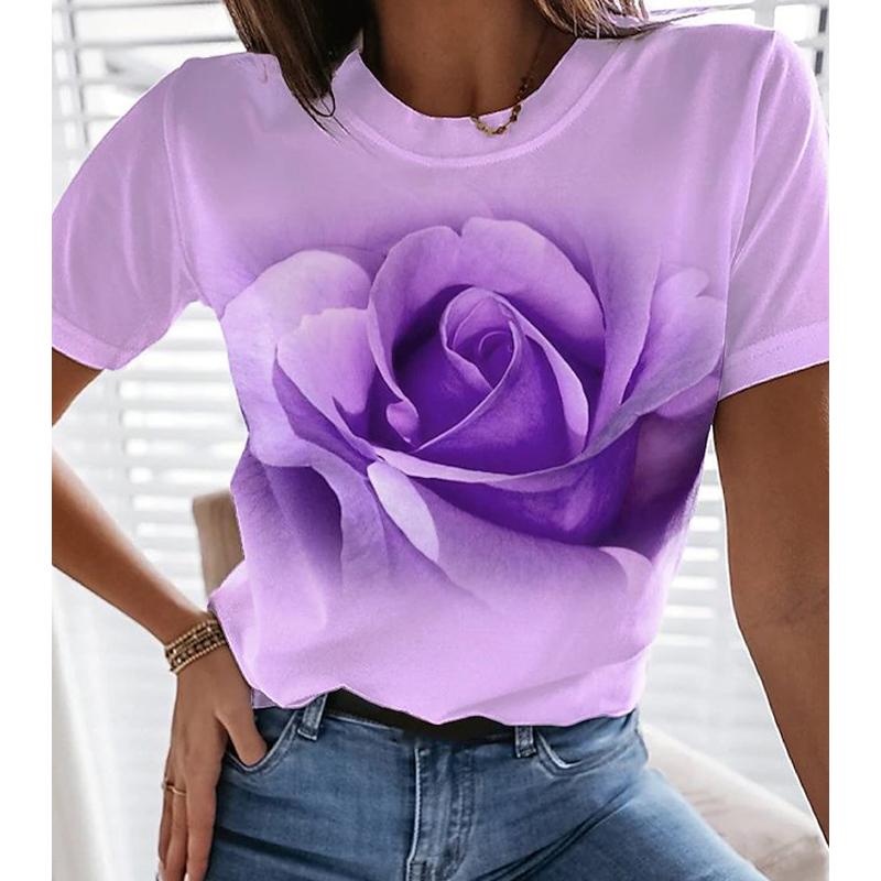 

Женская летняя футболка тренд принт розы ретро мода футболки с коротким рукавом повседневные принтованные топы 3XL фиолетовый