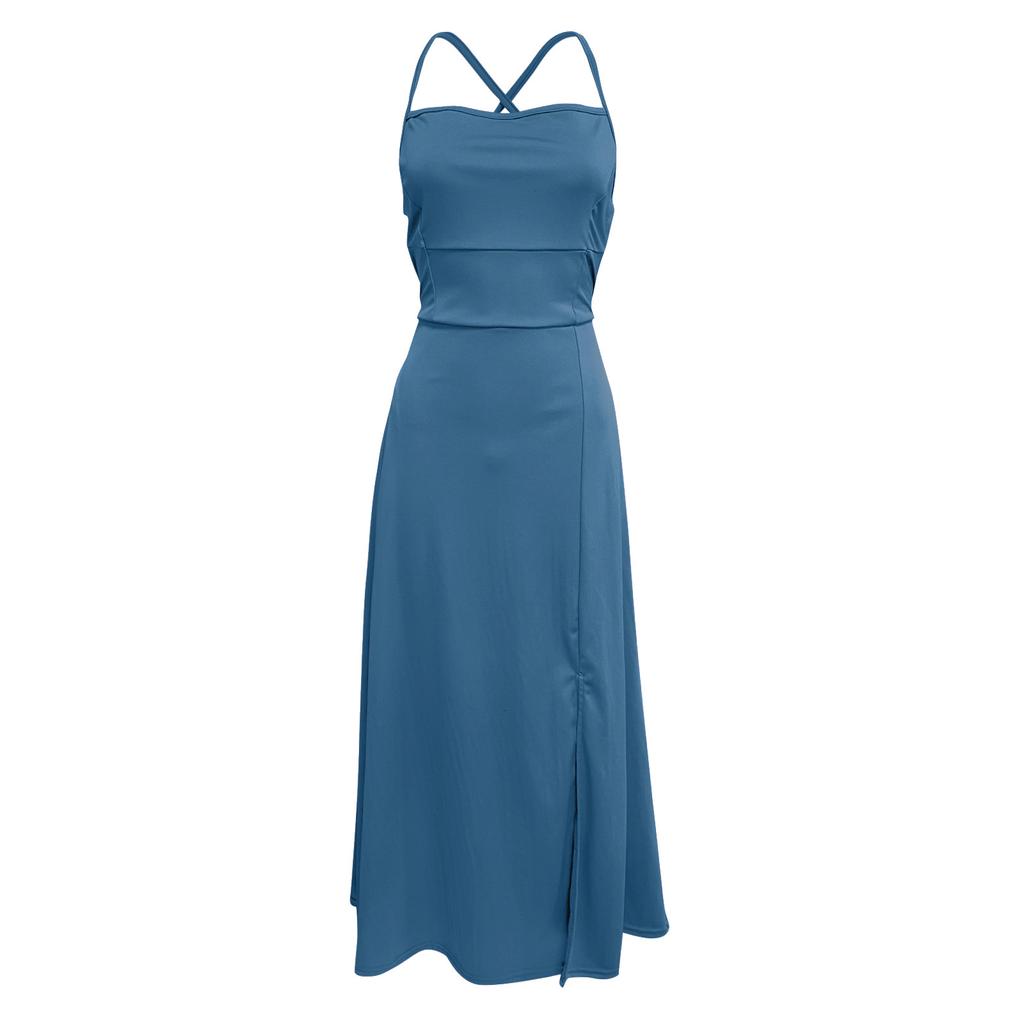 Lange Ballkleider für Damen, elegant, Neckholder, rückenfrei, lange Kleider, A-Linie, Criss-Cross, Satin, Spaghettiträger, Party, Ballkleid, Seitenschlitz, Hochzeitstaschen