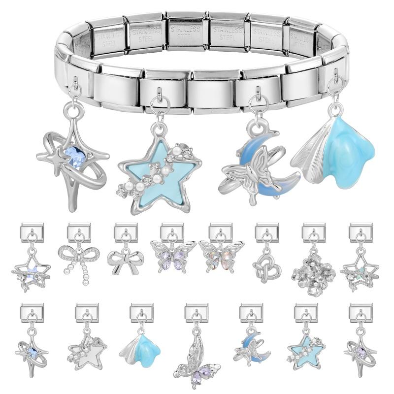 Luxury Pearl Zircon Star Moon Flower Shell Butterfly Pendant Italian Charm Link Fit 9mm Bracelet Stainless Steel DIY Making Gift