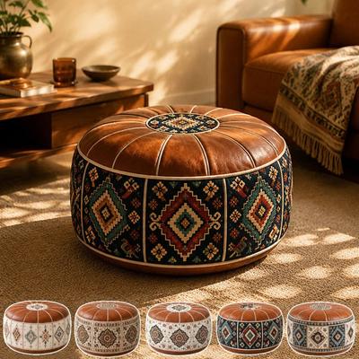 PU-Leder Hockerbezug Boho-Muster Runder Pouf-Bezug Neuer Aufbewahrungshocker Wohnzimmer