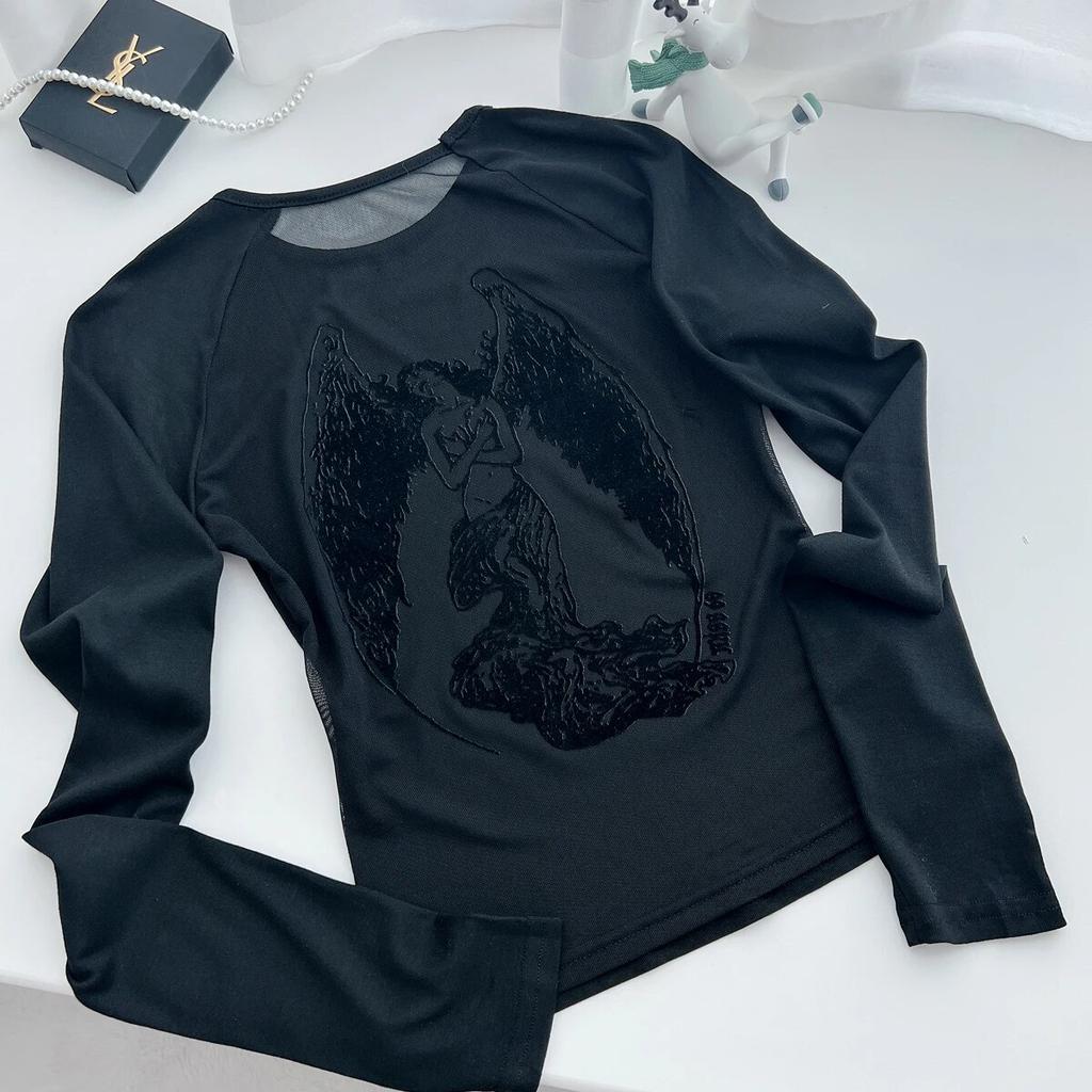 Gothic Y2k Vintage O-Neck Slim T-Shirts Women Chic Mesh Cyber See Through Crop Tops Female Korean Fashion Casual Clothing New