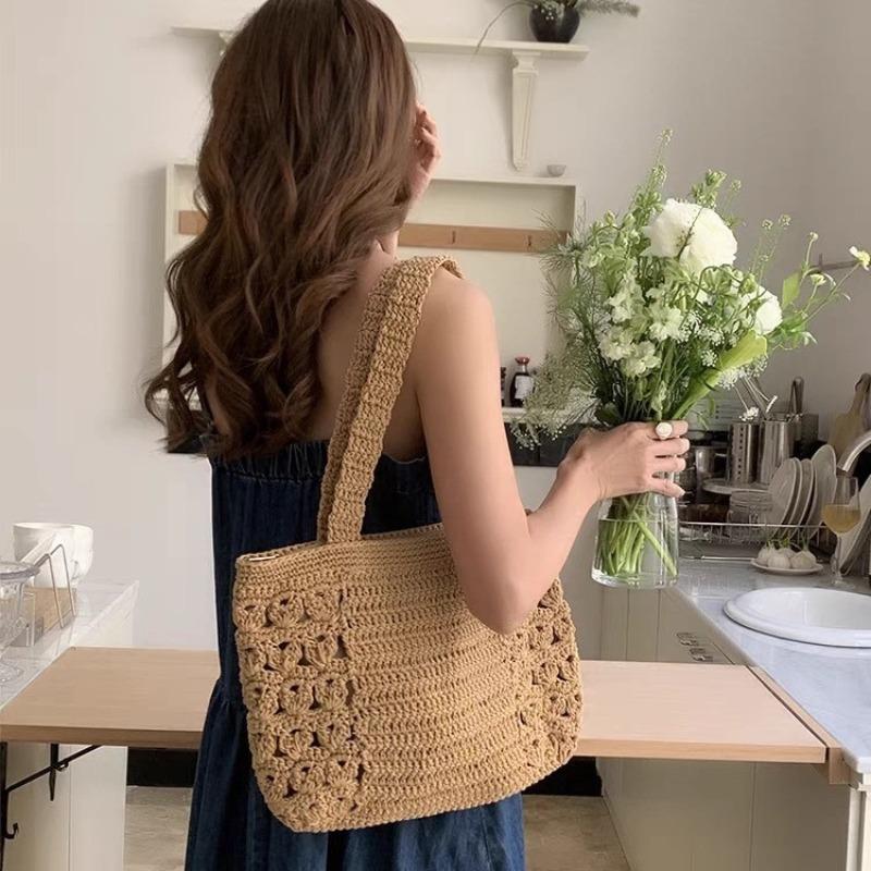 Lazy Wind Large-capacity Cotton Thread Woven Bag Hollow Shoulder Women's Bag Straw Woven Bag Vacation Wind Beach Bag Spring New Models