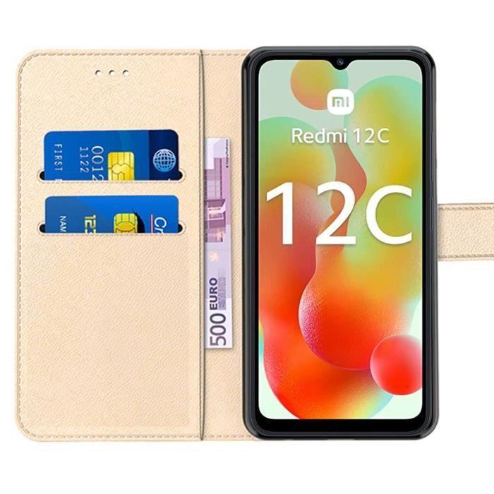 Coque de protection - pour Xiaomi Redmi 12C/11A - Synthécuir doré - Antichoc - Portefeuille avec support